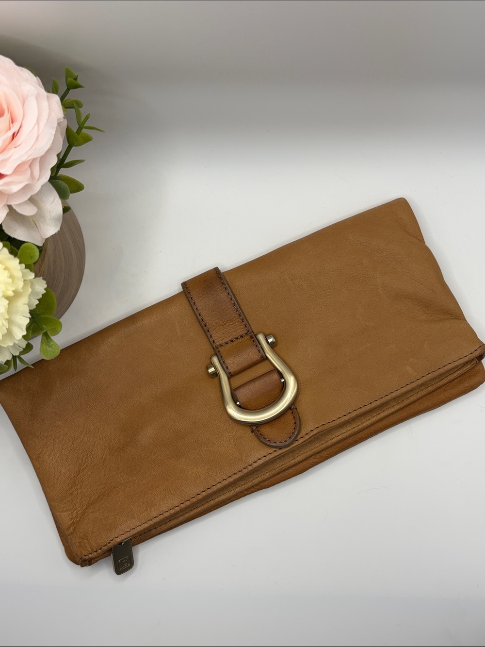 Vintage Liz Claiborne Leather Clutch Purse with Stirrup Buckle ~ Camel/Tan
